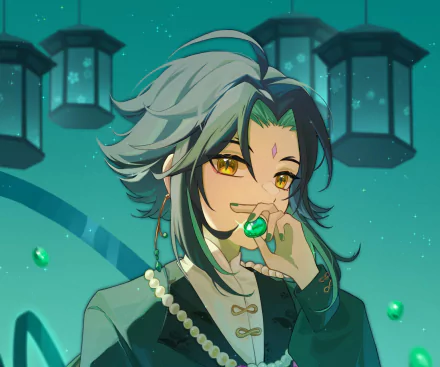 Xiao (Genshin Impact) close-up, holding a green charm amid floating gems and lanterns — 2K Quad HD PC desktop wallpaper/background from the video game Genshin Impact.