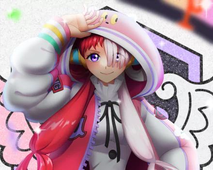 HD PC desktop wallpaper featuring Uta from One Piece in vibrant anime style, wearing a colorful hoodie and smiling with a playful pose.