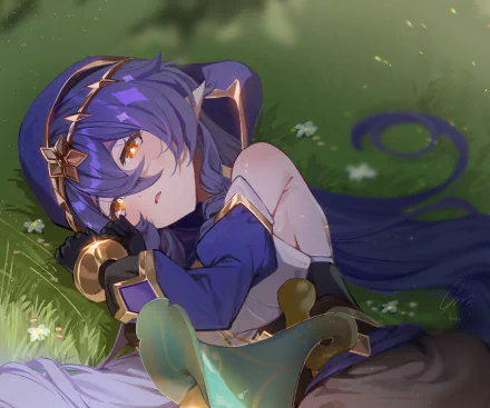 HD PC desktop wallpaper featuring Layla from the video game Genshin Impact, lying on the grass with a serene expression.