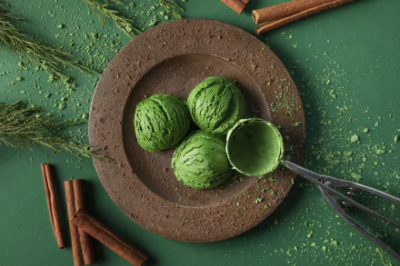 5K Ultra HD PC desktop wallpaper background: three vibrant green matcha ice cream scoops on a rustic brown plate with an ice cream scoop, cinnamon sticks and scattered green powder.