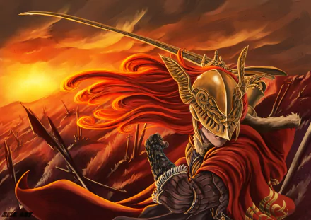 HD PC desktop wallpaper/background: Malenia, Blade of Miquella from the video game Elden Ring — armored warrior with flowing red cape and ornate helmet amid a blazing battlefield.