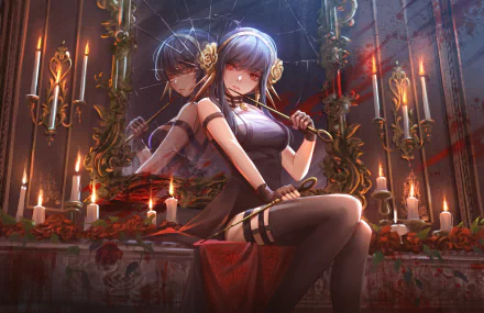 A stunning 4K Ultra HD wallpaper featuring Yor Forger from the anime Spy x Family, capturing her striking pose amidst candles and reflective elements, exuding a mysterious aura.