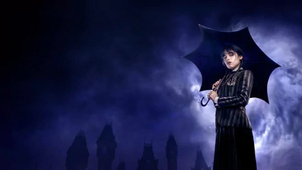 HD PC desktop wallpaper featuring Jenna Ortega as Wednesday Addams from the TV show Wednesday, holding an umbrella against a dark, eerie background.