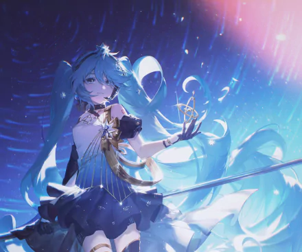 Hatsune Miku with flowing teal twin-tails and a navy dress, cradling a glowing paper bird amid falling feathers and luminescent rain — anime Vocaloid 2K Quad HD PC desktop wallpaper.