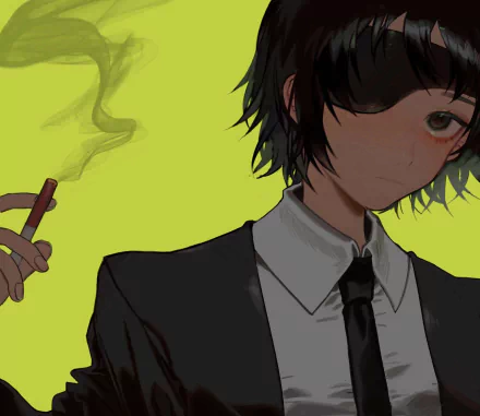 Himeno from Chainsaw Man in a dark suit and tie, holding a lit cigarette against a bright yellow-green background, rendered as an HD anime desktop wallpaper.
