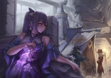 Keqing (Genshin Impact) stands in a ruined hall, holding a glowing Electro blade, violet hair and ornate outfit, banners and distant figures — HD PC desktop wallpaper/background from the video game Genshin Impact