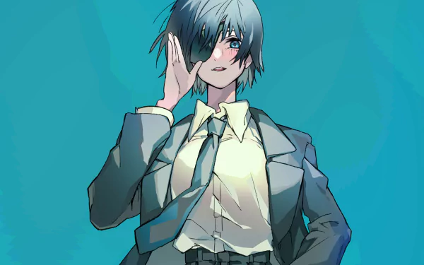 Himeno from Chainsaw Man anime depicted in a stylish suit with teal background, captured in this HD PC desktop wallpaper and background.