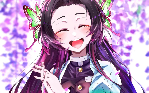 A vibrant HD desktop wallpaper featuring a joyful character from the anime Demon Slayer: Kimetsu no Yaiba, surrounded by colorful butterfly motifs and a lively background.