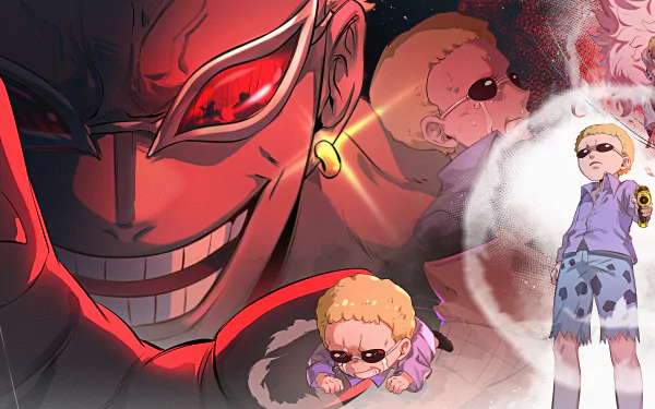 HD PC desktop wallpaper featuring Donquixote Doflamingo from the anime One Piece with a menacing red-eyed close-up and smaller full-body poses.