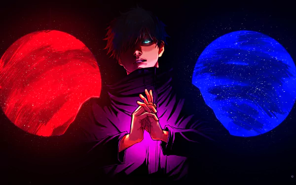 HD wallpaper of Satoru Gojo from Jujutsu Kaisen, showcasing dramatic lighting with a vivid red and blue background.