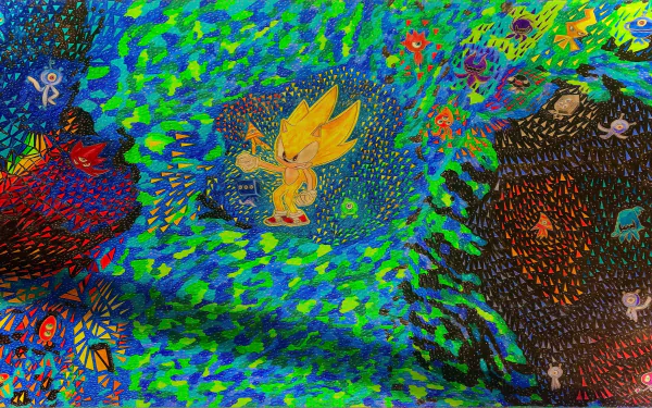 Bright cosmic 4K Ultra HD PC wallpaper of Super Sonic from the Sonic the Hedgehog video game Sonic Colors: Ultimate, glowing against a colorful, starry space backdrop.