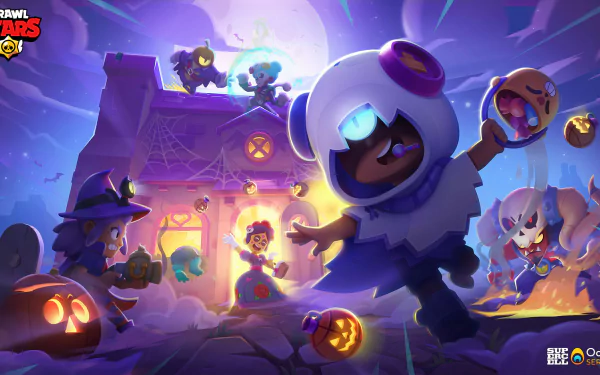 A vibrant Halloween-themed Brawl Stars HD desktop wallpaper featuring playful characters surrounded by spooky decorations, illuminated by a mystical glow.