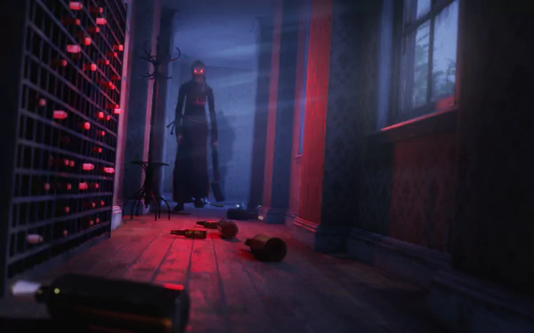 HD PC desktop wallpaper featuring a dark, eerie hallway with a shadowy figure illuminated by red eyes from the video game Evil Nun: The Broken Mask.