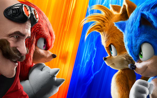 4K Ultra HD movie wallpaper featuring Doctor Eggman, Knuckles the Echidna, Miles 'Tails' Prower, and Sonic the Hedgehog from Sonic The Hedgehog 2.