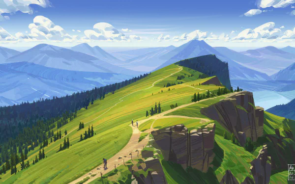 Artistic HD desktop wallpaper featuring a stunning landscape with rolling green hills, distant mountains, and a clear blue sky dotted with clouds. Two figures walk along a winding path.