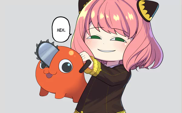 Anya Forger holding Pochita from Chainsaw Man, depicted in vibrant anime style, 4K Ultra HD desktop wallpaper and background.