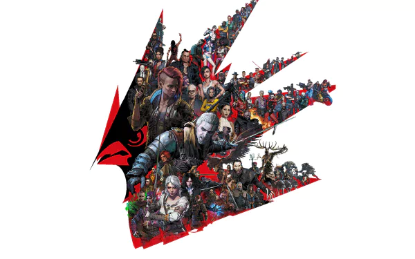 HD PC desktop wallpaper featuring a dynamic crossover collage of characters from The Witcher 3: Wild Hunt expansions Heart of Stone and Blood and Wine, and Cyberpunk 2077.