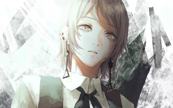 HD PC wallpaper: anime portrait of War Devil Asa Mitaka (Chainsaw Man), soft-lit close-up with short hair, vest and tie, distant gaze against textured white-gray brushstroke background.