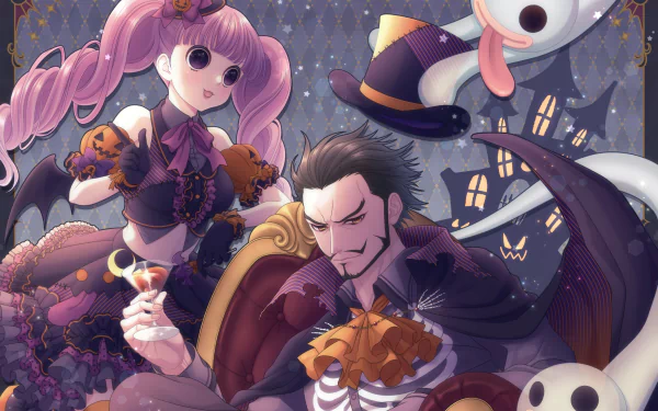 HD PC wallpaper featuring Dracule Mihawk and Perona from the anime One Piece in a dark, Halloween-themed setting with spooky decorations.