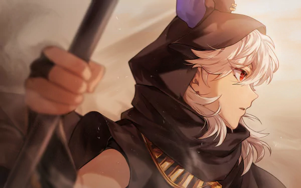 Cyno from Genshin Impact in a dramatic side profile, hooded with white hair and red eyes, gripping his polearm — 4K Ultra HD PC desktop wallpaper/background, video game art.