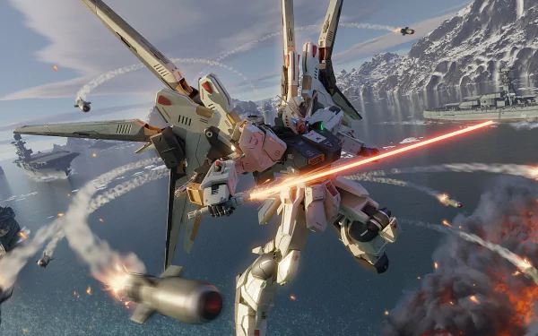 4K Ultra HD PC wallpaper featuring a dynamic Gundam anime scene with a mobile suit firing red beam sabers over a mountainous coastal battlefield.