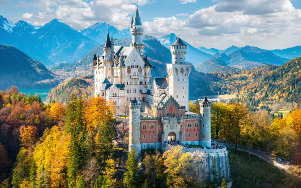 Breathtaking view of Neuschwanstein Castle in Germany as a high-quality desktop wallpaper.