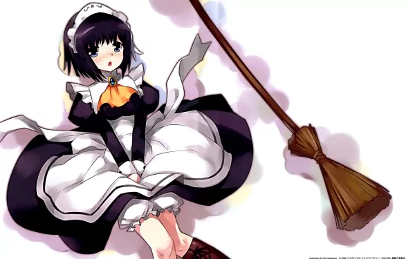 HD anime wallpaper featuring Siesta from The Familiar of Zero, dressed in a classic maid outfit with a broom beside her.