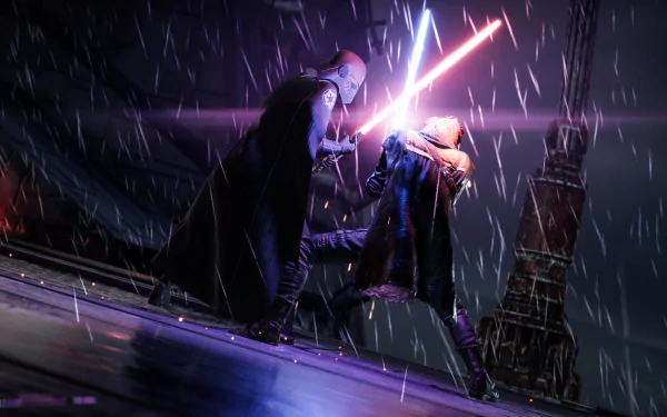 Dramatic rain-soaked rooftop lightsaber duel from the video game Star Wars Jedi: Fallen Order, vivid 4K Ultra HD PC desktop wallpaper and background with neon blade clashes.