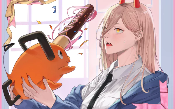 4K Ultra HD PC desktop wallpaper/background of Power (Chainsaw Man) holding orange Pochita; anime portrait of Power in a school uniform with horns, bathed in sunlit window light.