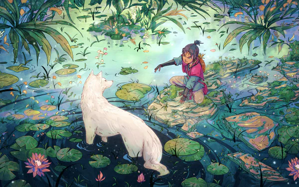 Fantasy-themed 4K Ultra HD desktop wallpaper depicting a child reaching out to a white wolf in a lush, magical pond surrounded by lilies and vibrant foliage.