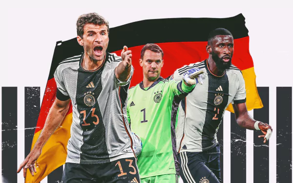 Members of the Germany National Football Team - Antonio Rüdiger, Manuel Neuer, and Thomas Müller in a stunning HD desktop wallpaper.