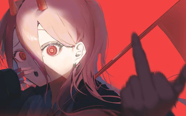 Power (Chainsaw Man) — anime close-up with red eyes, horns and raised hand against a vivid red background. 4K Ultra HD PC desktop wallpaper.