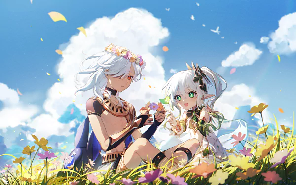HD PC desktop wallpaper of Cyno and Nahida from the video game Genshin Impact: the two sit in a sunlit flower meadow under a bright blue sky, wearing flower crowns and smiling.