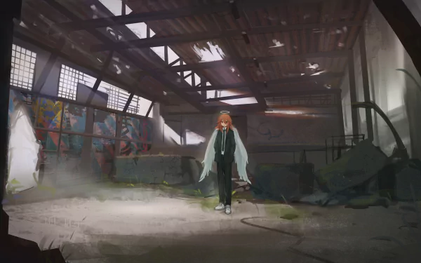 Angel Devil from Chainsaw Man stands alone in a sunlit, decaying warehouse — anime 2K Quad HD PC desktop wallpaper and background, moody abandoned urban interior.