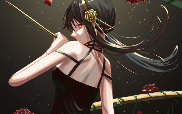 HD anime desktop wallpaper featuring Yor Forger from Spy x Family, depicted with dark hair, red eyes, and a black dress holding a parasol against a dark, elegant background.