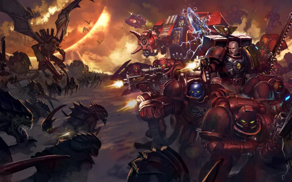 HD Warhammer 40k desktop wallpaper featuring armored Space Marines engaging fierce alien creatures in an intense battle scene from the video game universe.