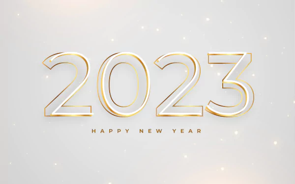 4K Ultra HD PC desktop wallpaper: gold-edged 2023 numerals on a soft white background with subtle sparkles and small Happy New Year text — holiday New Year 2023 design.