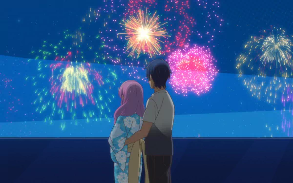 Anime HD PC wallpaper: Jirou Yakuin and Akari Watanabe, more than a married couple but not lovers, stand embraced watching colorful fireworks over the night sky.