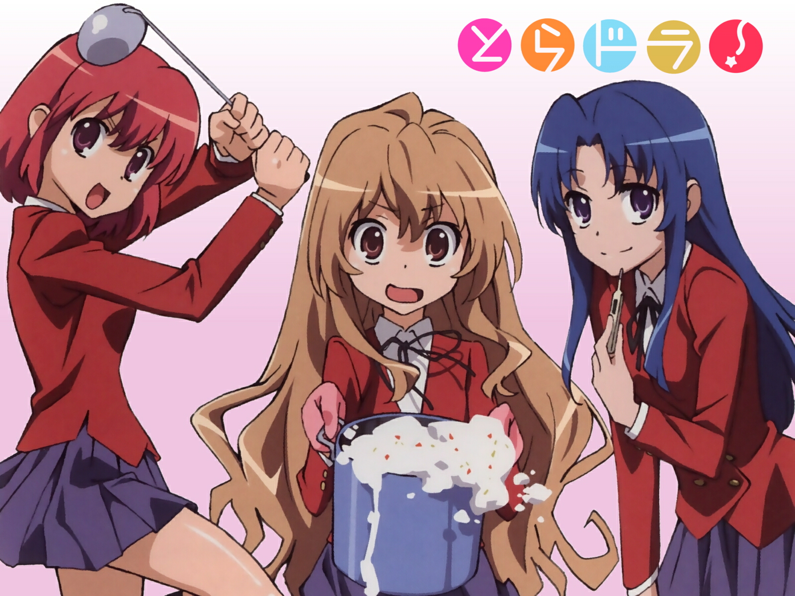Toradora! anime characters, standing against a vibrant backdrop, radiating a captivating atmosphere.