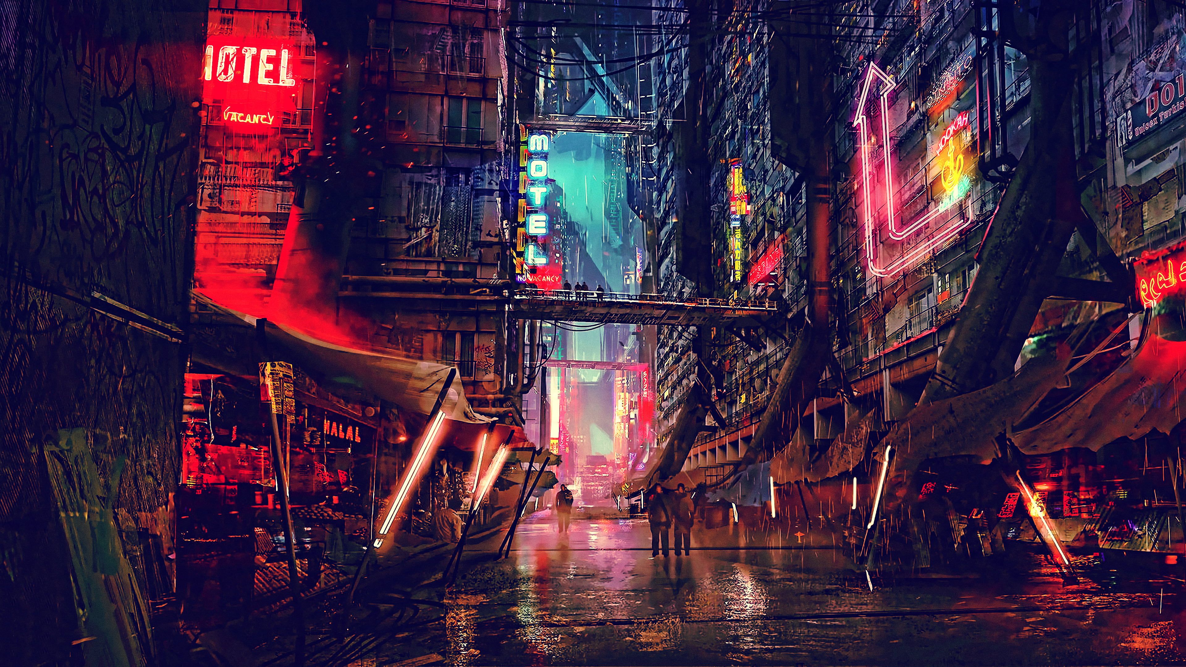 Futuristic cyberpunk cityscape at night with neon red lights reflecting on wet streets, creating a sci-fi vibe for HD desktop wallpaper.