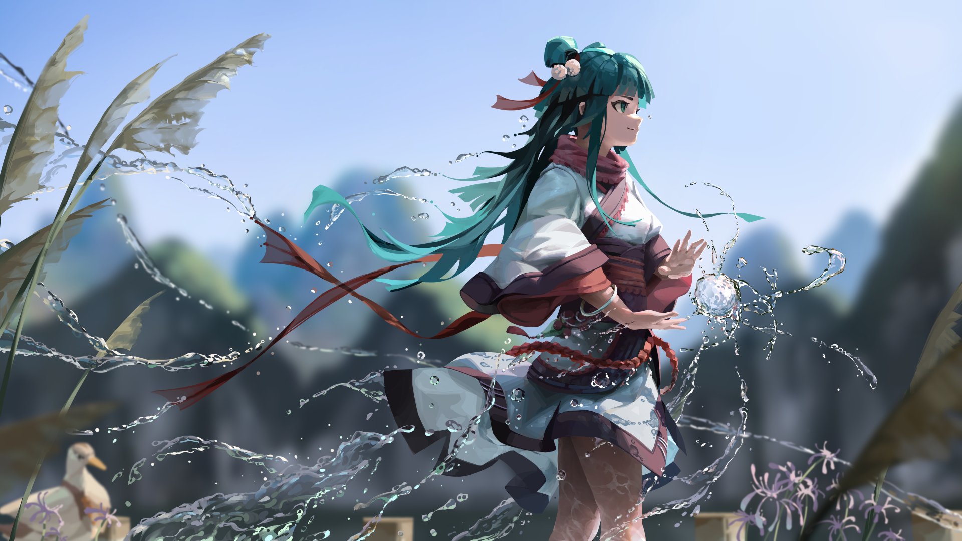8K Ultra HD PC desktop wallpaper/background: fantasy woman with teal hair and flowing robes, summoning swirling water and petals before misty mountain peaks.