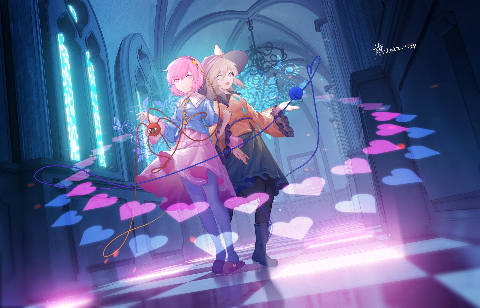 Anime Touhou HD PC desktop wallpaper/background: two girls back-to-back in a glowing cathedral, pink and blonde hair, surrounded by floating heart petals, magical ribbons and stained-glass light.