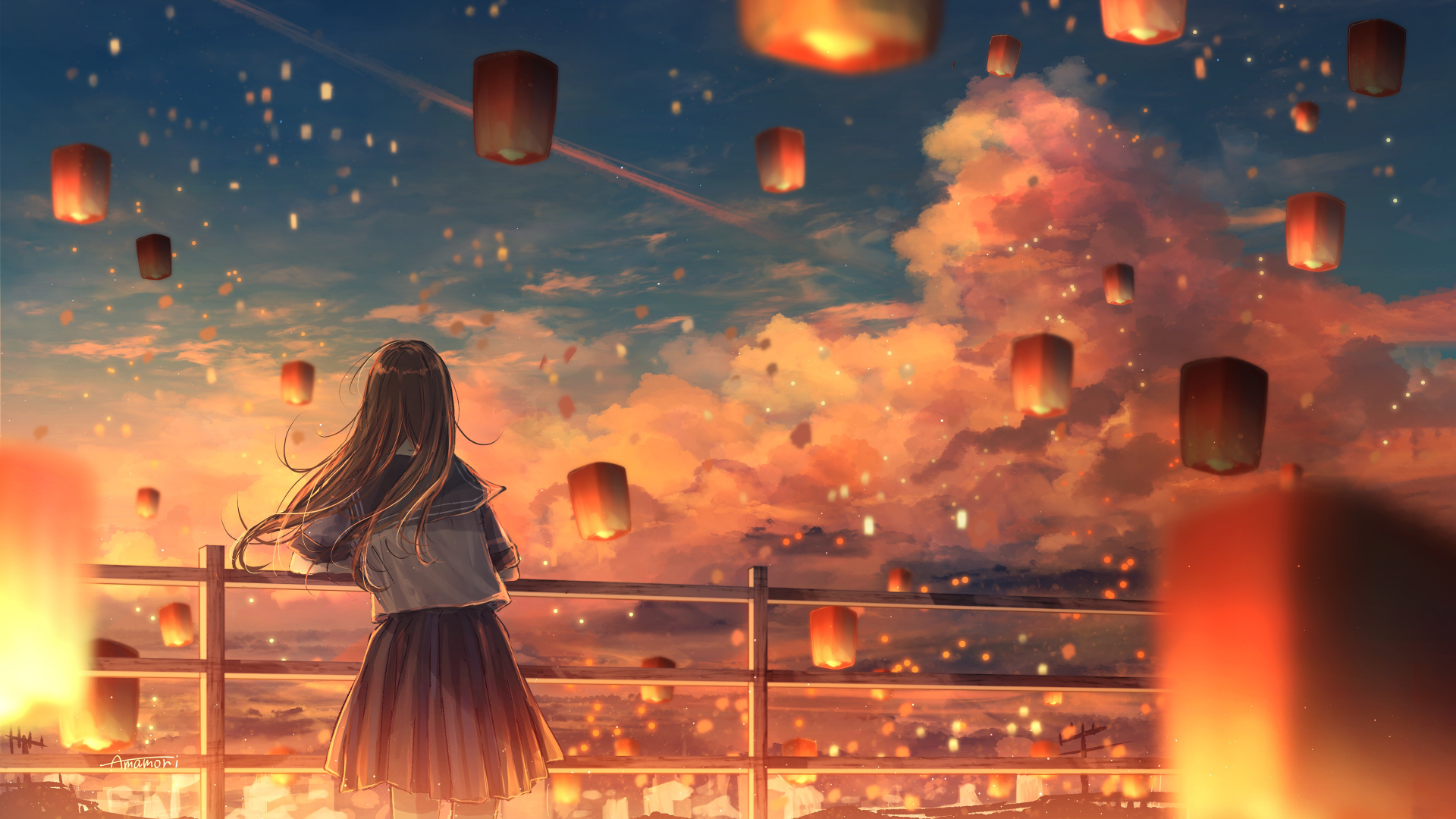Anime girl gazes at glowing lanterns floating into a vibrant, fiery sunset sky in this 4K Ultra HD desktop wallpaper.