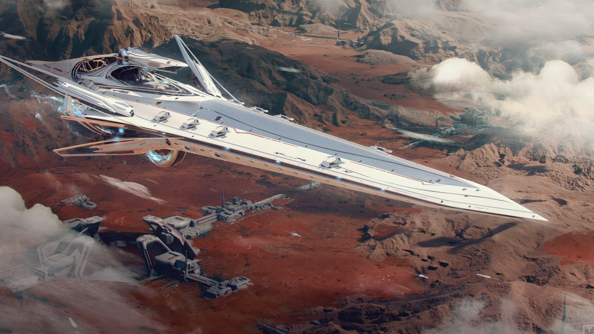 4K Ultra HD PC desktop wallpaper: sci-fi sleek white spaceship glides above a red rocky planet, a ground base and escort fighters below.