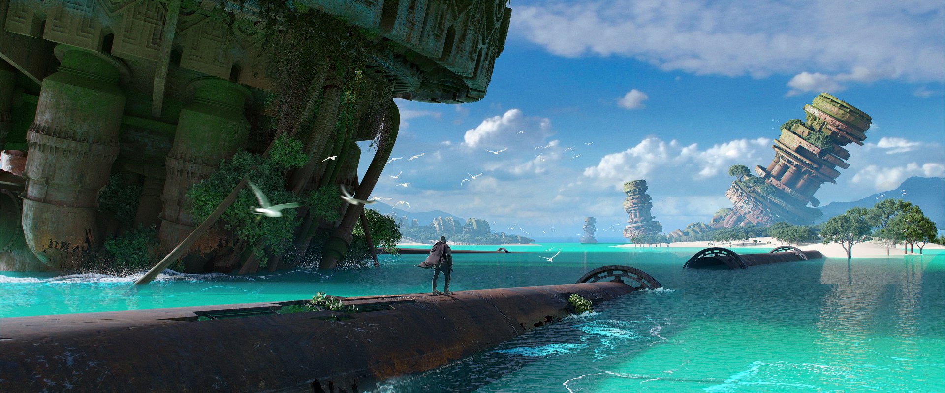 Post-apocalyptic sci-fi HD desktop wallpaper featuring a lone figure exploring submerged ruins and towering structures in a serene turquoise sea under a bright blue sky.