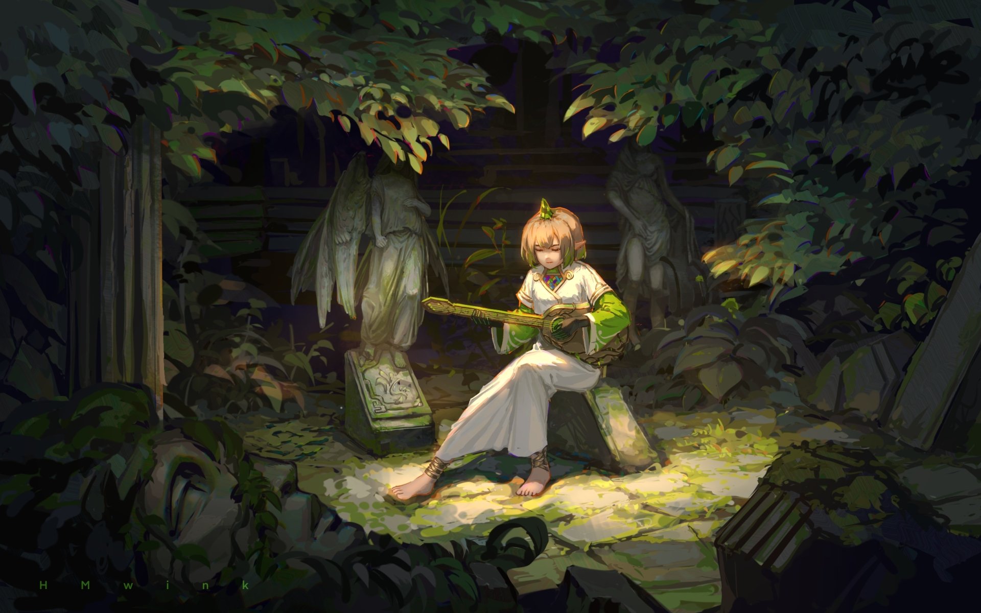 HD anime desktop wallpaper featuring an anime girl in a white dress playing a stringed instrument, surrounded by stone statues and lush greenery in a serene, dimly lit setting.