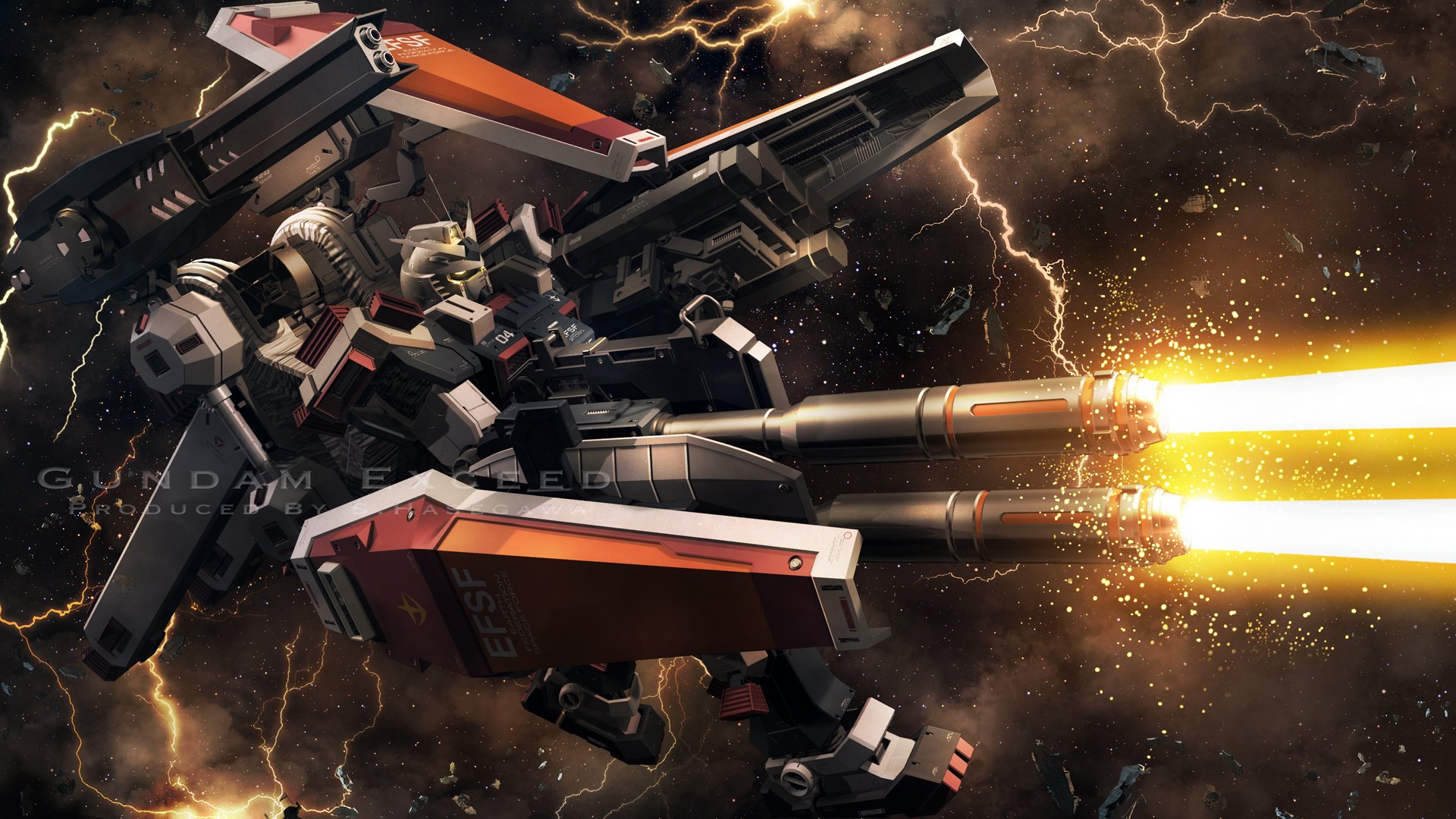 HD PC desktop wallpaper featuring a dynamic Gundam mecha firing bright energy blasts against a stormy, lightning-filled cosmic background.