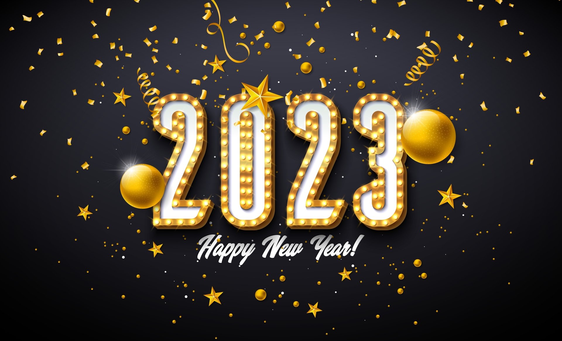 Bold illuminated 2023 marquee numbers with gold confetti and stars over Happy New Year! on a dark background — 5K Ultra HD New Year 2023 holiday PC desktop wallpaper.