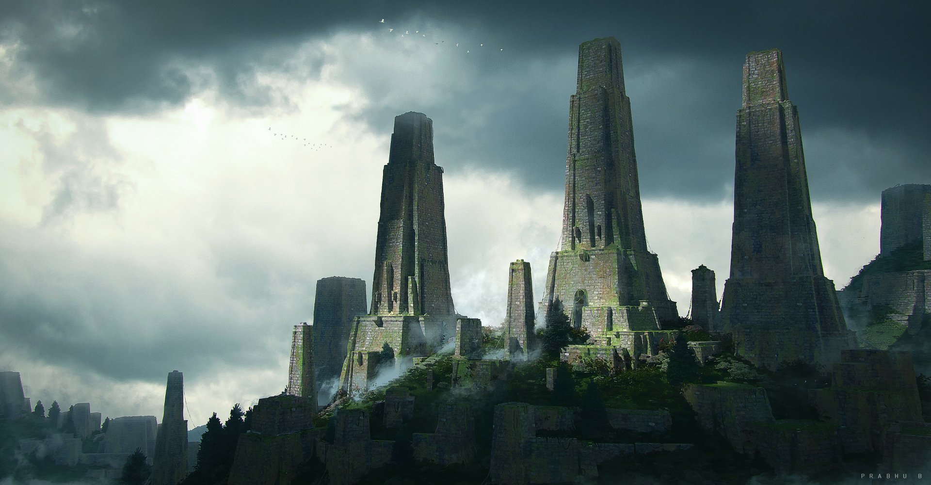2K Quad HD PC Desktop Wallpaper and Background — a fantasy temple complex of towering stone spires atop misty cliffs beneath stormy skies.