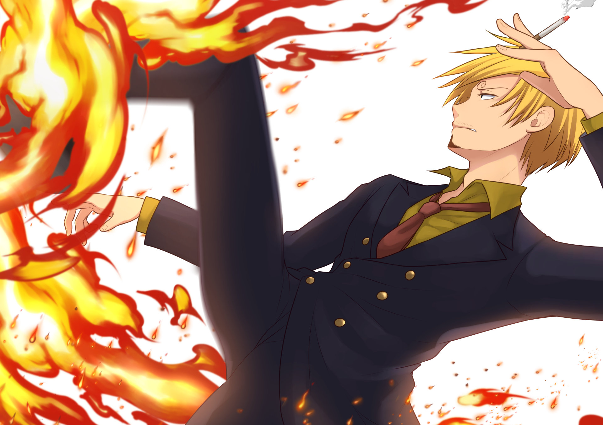 Anime-style 4K Ultra HD desktop wallpaper featuring Sanji from One Piece in a dynamic pose with flames surrounding him.
